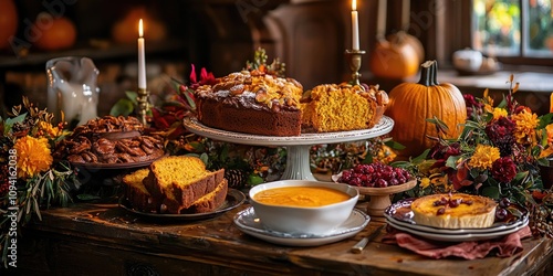 A fall feast featuring pumpkin bread, pumpkin soup, and pumpkin cheesecake, surrounded by autumn-themed decorations.