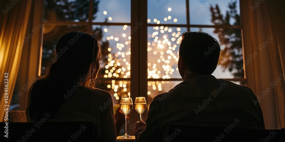 A family at home, toasting with drinks and watching fireworks through the window on New Year’s Eve. A family at home, toasting with drinks and watching fireworks through the window on New Year’s Eve.