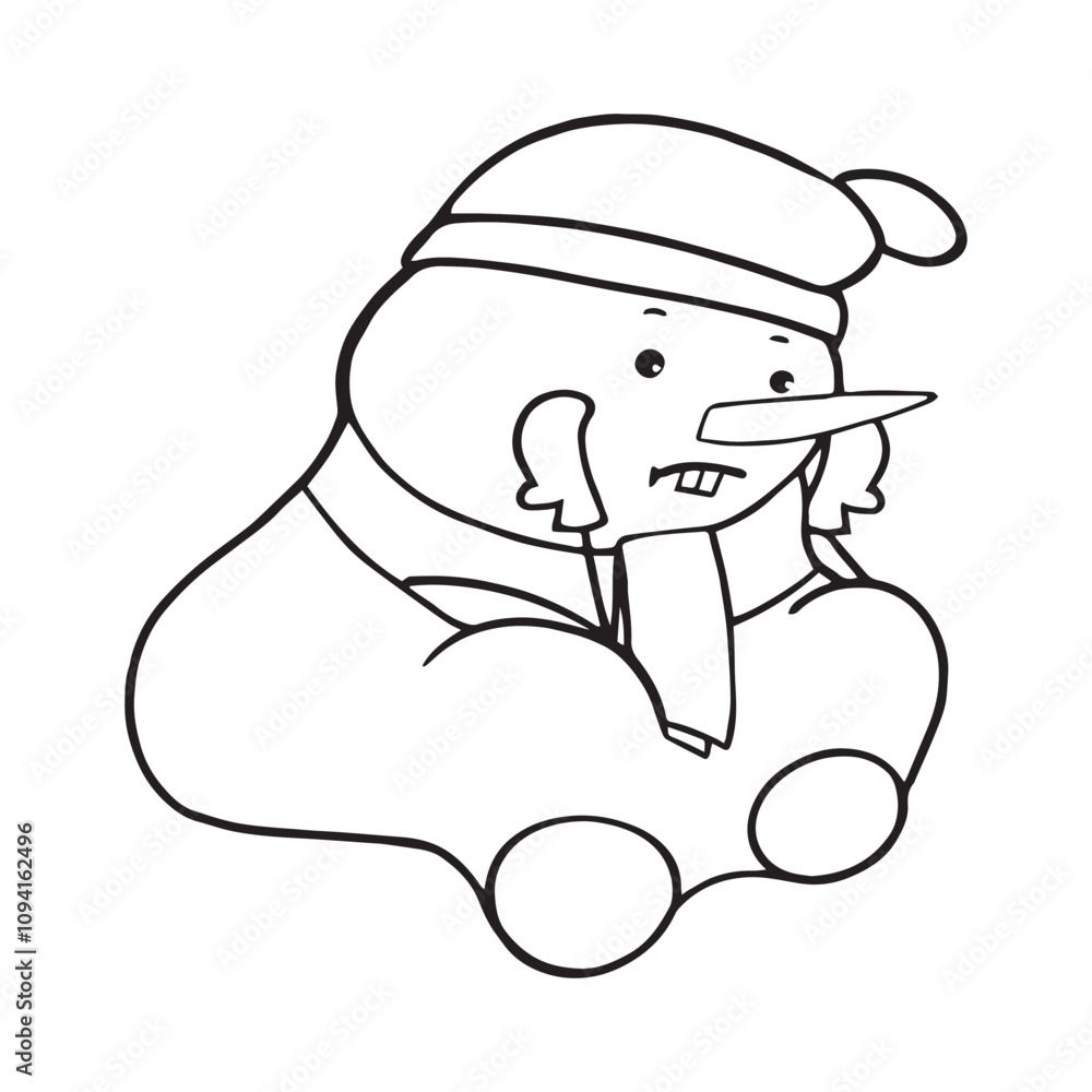 Cute Snowman in a hat, scarf and mittens sits waiting for the New Year. New Year s card. Coloring for children. Vector clip art. Cute Snowman in a hat, scarf and mittens sits waiting for the New Year. New Year s card. Coloring for children. Vector clip art.