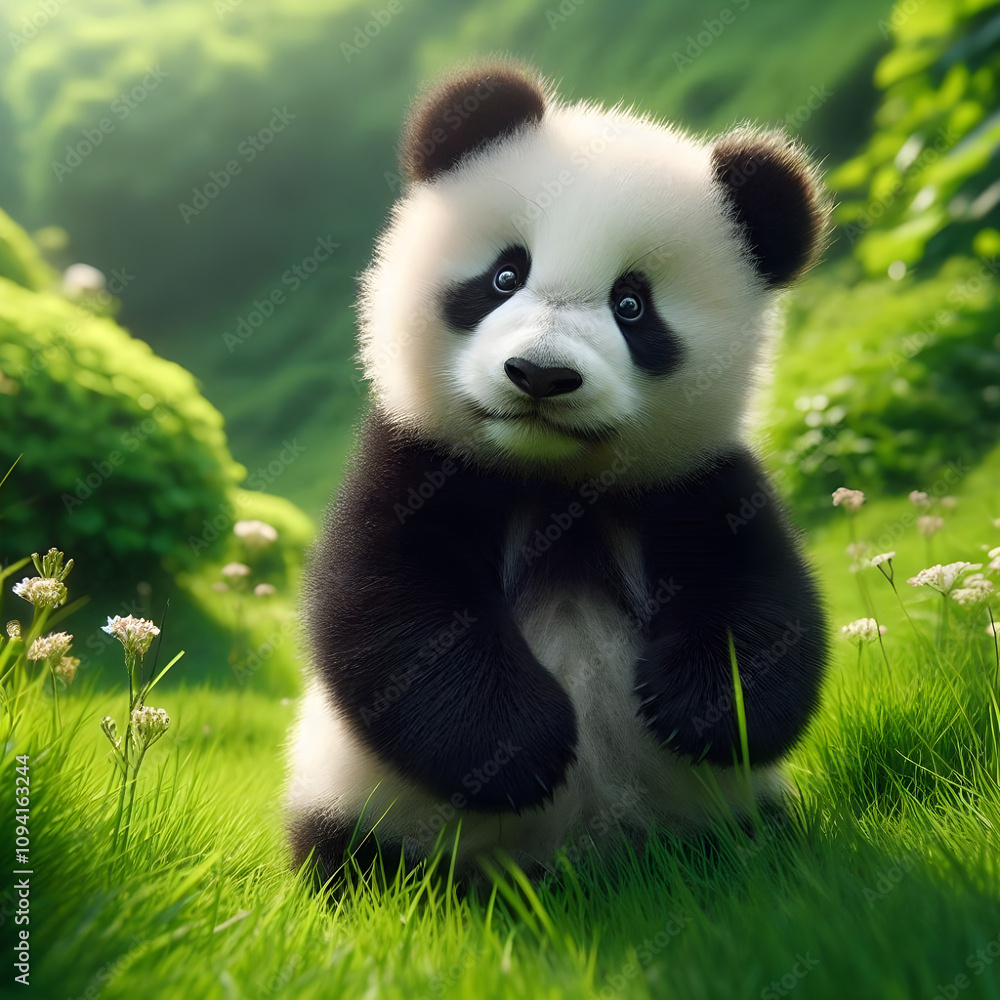 Obraz premium A black and white panda standing on a lush green grass field. Ai