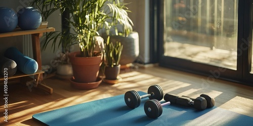 A person working out in their home gym with free weights and a yoga mat, surrounded by fitness gear.