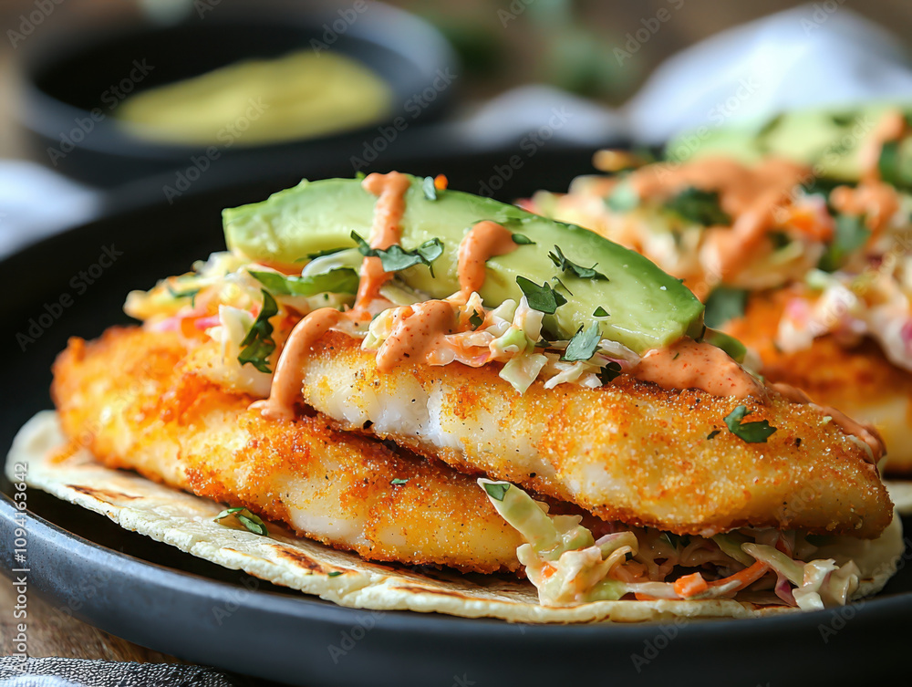 Savoring crispy fish tacos with tangy coleslaw and creamy avocado in a coastal eatery setting Savoring crispy fish tacos with tangy coleslaw and creamy avocado in a coastal eatery setting