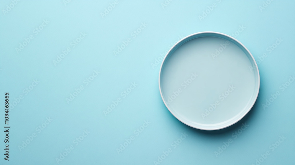 Simple empty plate on a light blue background indicating minimalism and cleanliness Simple empty plate on a light blue background indicating minimalism and cleanliness