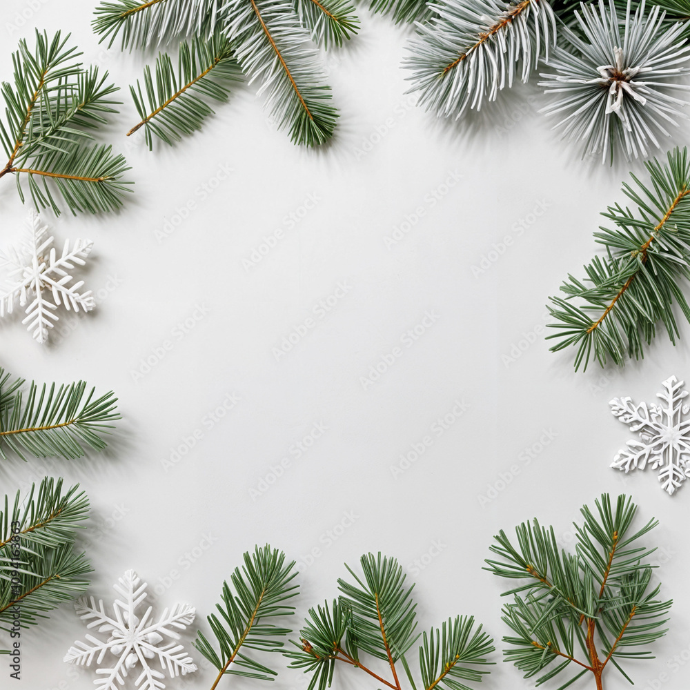 An elegant holiday flat lay showcasing frosted pine branches on a snowy white background. Perfect for Christmas cards, seasonal promotions, and winter-themed designs An elegant holiday flat lay showcasing frosted pine branches on a snowy white background. Perfect for Christmas cards, seasonal promotions, and winter-themed designs