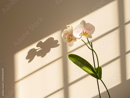 Orchid stem in full bloom with white and pink petals casting shadow. delicate flower stands gracefully against softly lit wall, creating serene atmosphere
