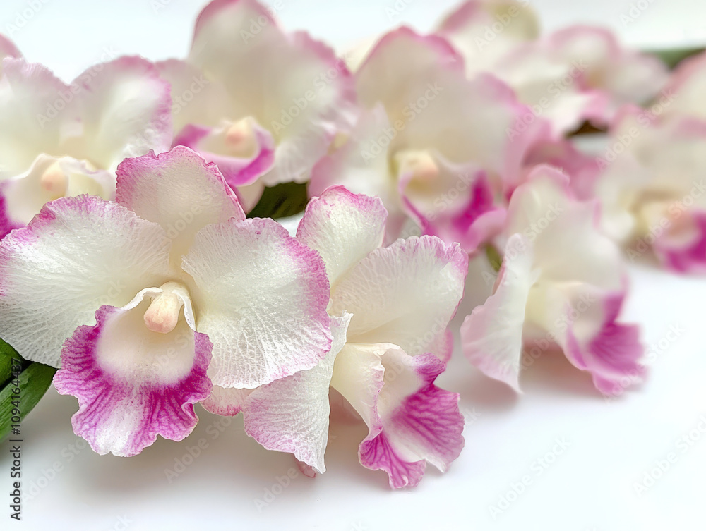 Obraz premium Lush white and pink orchid blooms create serene and elegant atmosphere, showcasing delicate petals and subtle shadows. Perfect for floral arrangements or decor