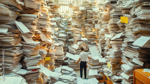 A labyrinthine maze of bureaucratic paperwork towering over overwhelmed citizens, Illustrating the complexities of navigating social systems, photography style