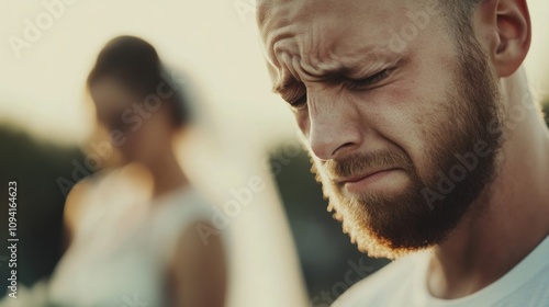 A man winces with emotion, his face crumpled in sadness, while a blurred bride stands in the background, evoking a poignant moment. photo