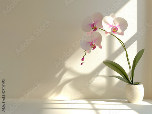 beautiful orchid stem with white and pink flowers in minimalist setting, casting soft shadows on light wall. This serene arrangement adds elegance to any space
