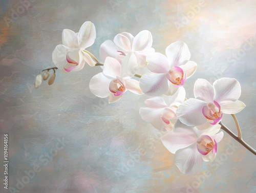 beautiful single orchid stem with white and pink flowers, showcasing delicate petals and soft background, evoking sense of tranquility and elegance