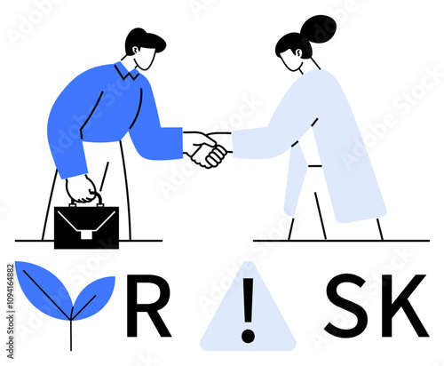 Businesspeople shaking hands with briefcase, alongside a risk triangle with exclamation mark and plant sprout. Ideal for business, risk management, partnership, sustainability, finance