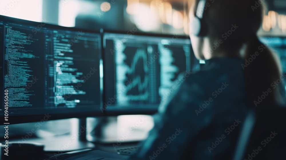 The team engages in data analysis using multiple monitors while enhancing software performance and sharing insights collaboratively The team engages in data analysis using multiple monitors while enhancing software performance and sharing insights collaboratively