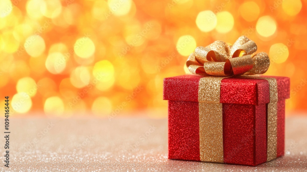 A vibrant red gift box tied with a gold ribbon glimmers amid a sparkling, festive backdrop, embodying the spirit of celebration and giving A vibrant red gift box tied with a gold ribbon glimmers amid a sparkling, festive backdrop, embodying the spirit of celebration and giving