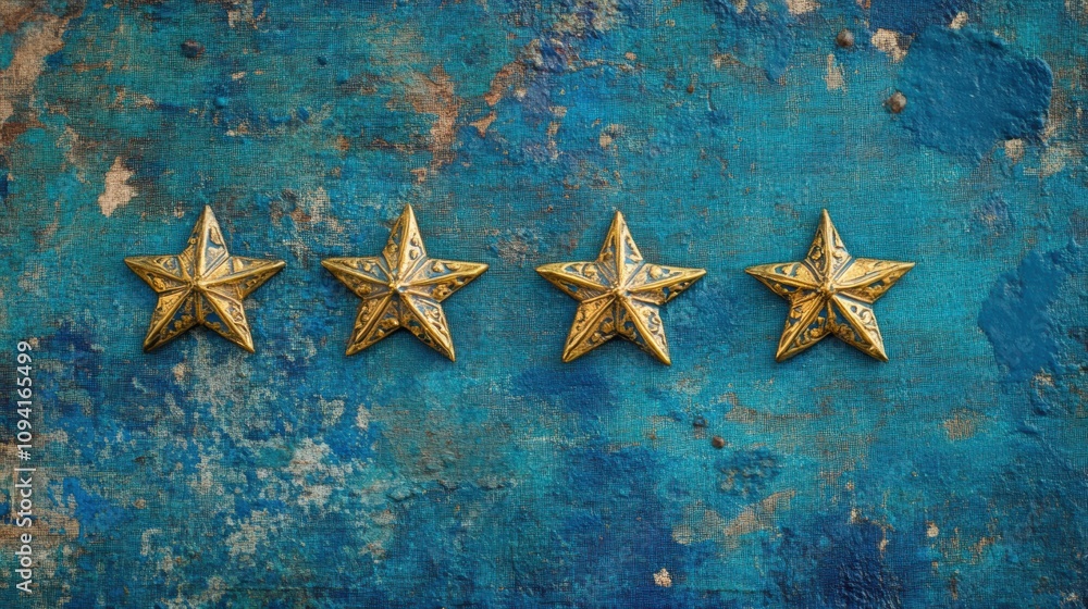 A collection of five golden stars arranged meticulously on a richly textured navy blue surface, highlighting their radiant appeal A collection of five golden stars arranged meticulously on a richly textured navy blue surface, highlighting their radiant appeal