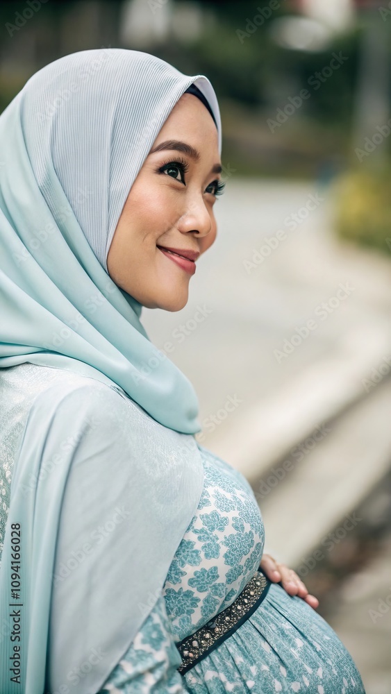 Joyful expectant woman in hijab smiling outdoors in tranquil urban setting Joyful expectant woman in hijab smiling outdoors in tranquil urban setting