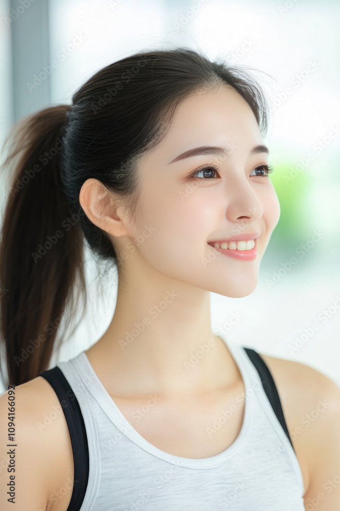 Chinese fitness woman smiling in sportswear, female athlete workout Chinese fitness woman smiling in sportswear, female athlete workout