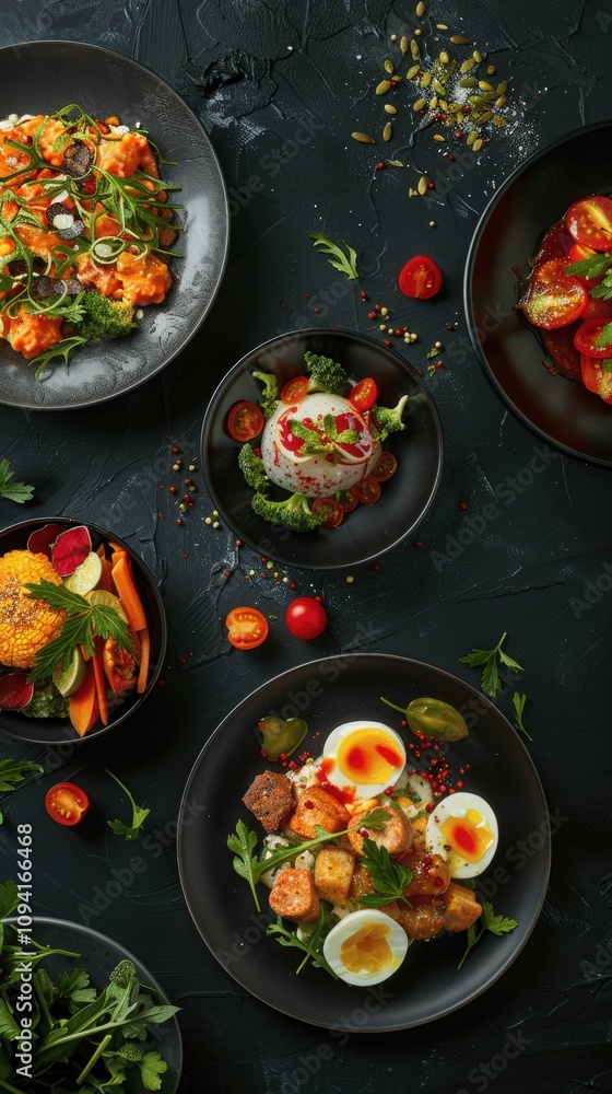 Colorful Plates of Gourmet Dishes on Dark Surface Colorful Plates of Gourmet Dishes on Dark Surface