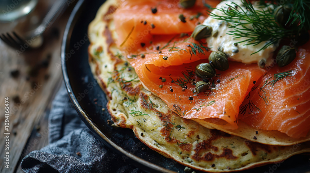 Savor the flavor savory pancakes with smoked salmon and dill cream cheese for a gourmet breakfast experience Savor the flavor savory pancakes with smoked salmon and dill cream cheese for a gourmet breakfast experience