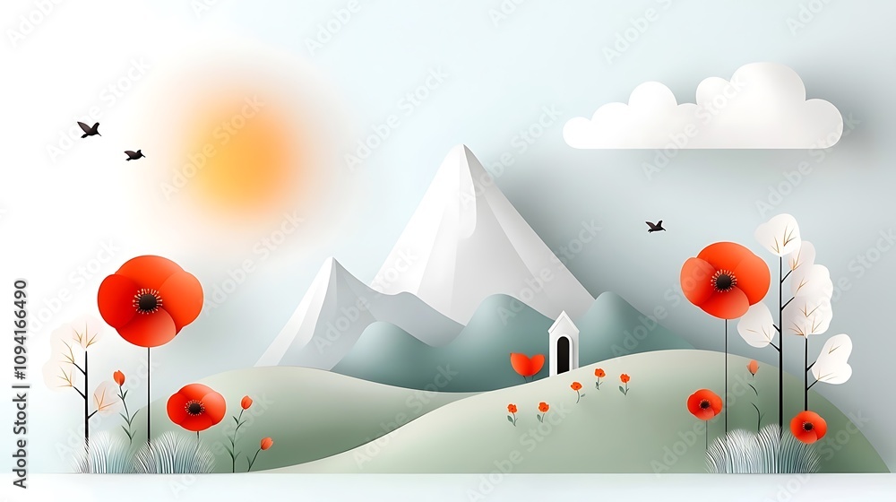 Fototapeta premium Stunning scenic view of a vibrant colorful landscape with snow capped mountains lush foliage blooming flowers and a serene peaceful atmosphere in the countryside An idyllic