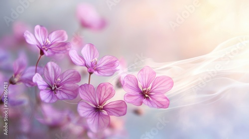 Delicate purple flowers with translucent petals and a soft misty background, creating a dreamy and tranquil mood.