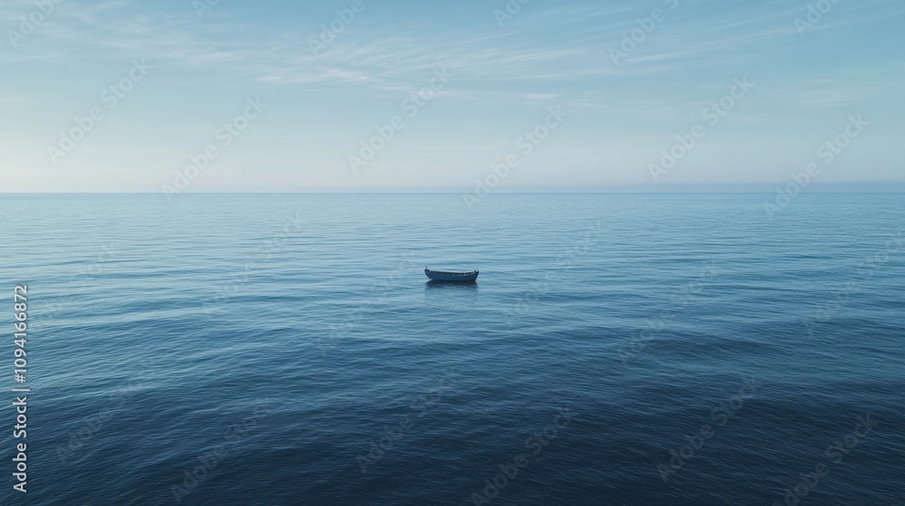 A lone boat in a vast, empty ocean, Symbolizing the refugee crisis and the search for safety