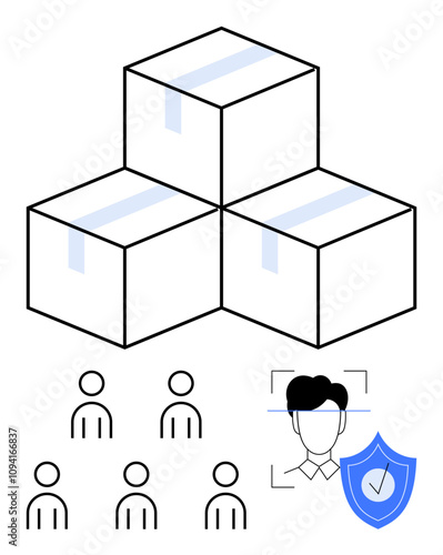 Three stacked boxes symbolizing supply chain. Six human icons signify workforce. Facial recognition icon with security shield reflects technology and safety. Ideal for logistics, technology