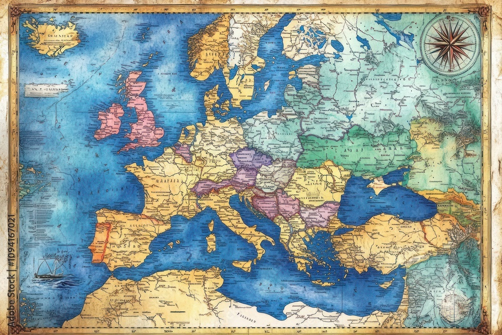 Naklejka premium Antique Map Illustrating European Countries and Territories