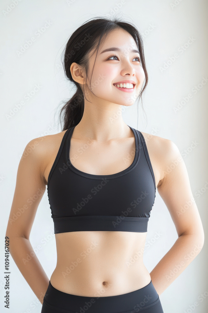 Japanese fitness woman smiling in sportswear, female athlete workout Japanese fitness woman smiling in sportswear, female athlete workout