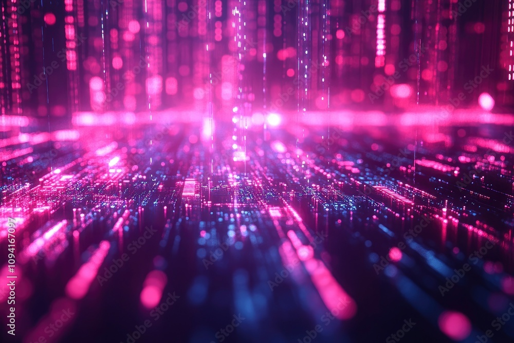 Abstract digital landscape with glowing particles and lines in pink and blue hues. Abstract digital landscape with glowing particles and lines in pink and blue hues.