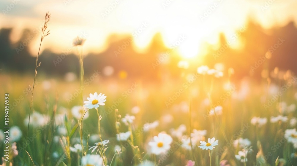As the sun rises, its warm light illuminates a grassy field adorned with colorful wildflowers, creating a serene and uplifting atmosphere As the sun rises, its warm light illuminates a grassy field adorned with colorful wildflowers, creating a serene and uplifting atmosphere