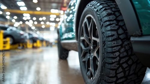 A stylish car tire is prominently displayed in a modern workshop environment with well-maintained vehicles and bright lighting