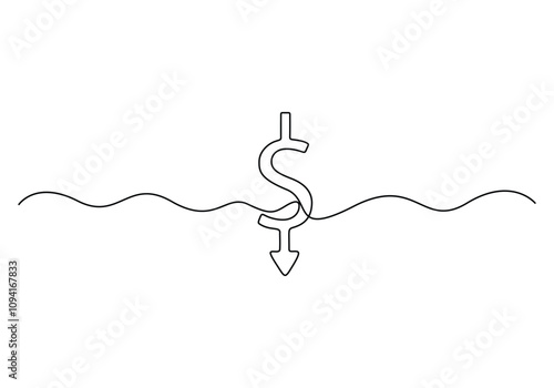 Dollar icon continuous one line drawing. Money loss. Isolated on white background vector illustration