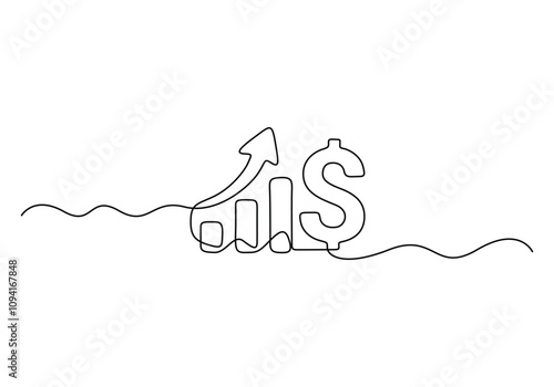 Continuous one line drawing of business growth icon with dollar sign vector illustration