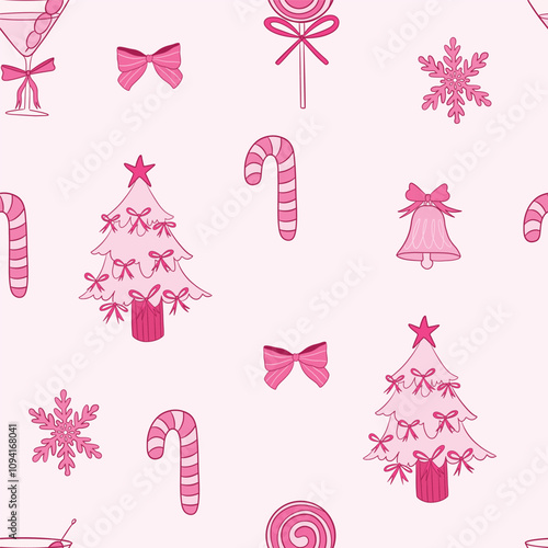 Festive Pink Christmas Pattern With Candy Canes and Trees