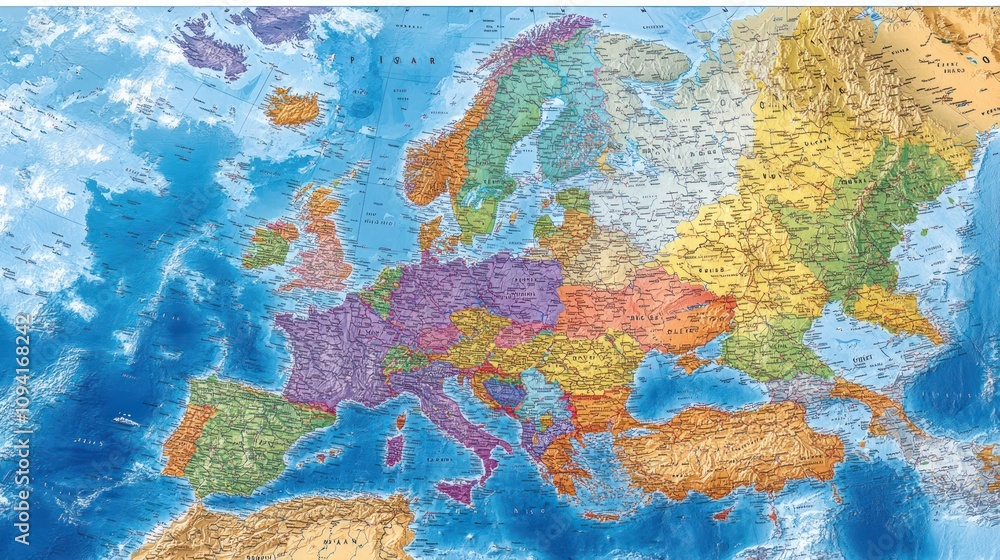Fototapeta premium Detailed Topographical Map Of European Countries And Seas