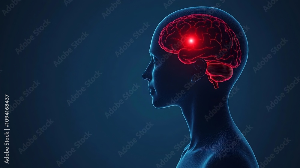 Digital 3D of a glowing red human brain with neural connections against a dark blue background symbolizing the complexity and power of the human mind and cognitive functions Digital 3D of a glowing red human brain with neural connections against a dark blue background symbolizing the complexity and power of the human mind and cognitive functions
