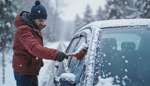 Man clearing snow off a car windshield on a winter day, snow removal