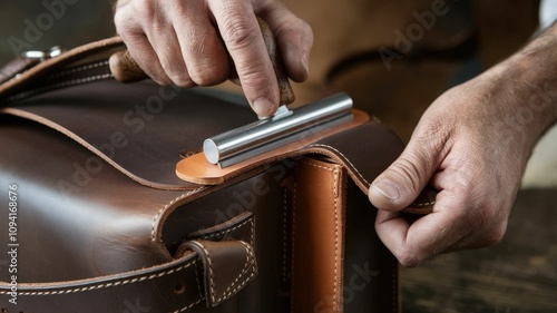A craftsman skillfully works on a brown leather bag, using a tool to secure its handle, showcasing meticulous craftsmanship.