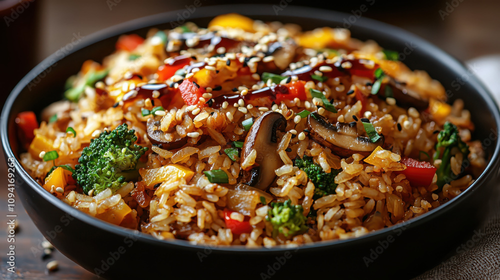 Cooking vegetable fried rice with broccoli bell peppers and mushrooms at home for a healthy lifestyle Cooking vegetable fried rice with broccoli bell peppers and mushrooms at home for a healthy lifestyle