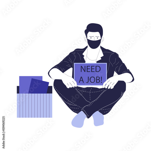 Fired dismissed sad office worker leaving with box after job loss. Man employee quitting. Unemployed jobless person. Layoff, dismissal concept. Flat vector illustration isolated on white background
