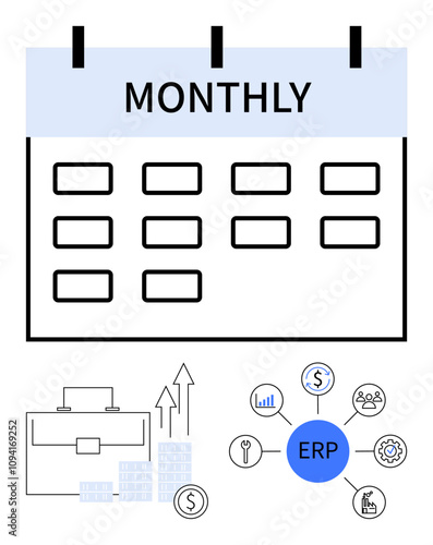 Calendar labeled Monthly with blank spaces, accompanied by icons representing ERP, business growth, and dollar signs. Ideal for planning, scheduling, management, organization, finance reporting