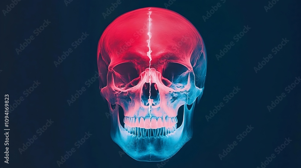 Vibrant X Ray Skull Image Showcasing Medical and Scientific Concepts A detailed 3D of a human skull with a striking red and blue color scheme Vibrant X Ray Skull Image Showcasing Medical and Scientific Concepts A detailed 3D of a human skull with a striking red and blue color scheme