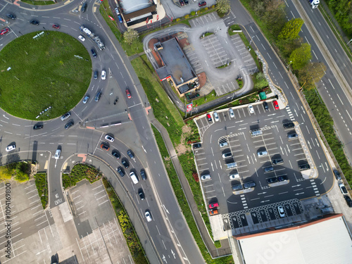 Downtown and Central Derby City Centre of Midlands England, Great Britain. High Angle Footage Was Captured with Drone's Camera from Medium High Altitude on April 26th, 2024 photo