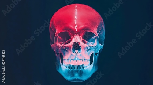 Vibrant X Ray Skull Image Showcasing Medical and Scientific Concepts A detailed 3D of a human skull with a striking red and blue color scheme