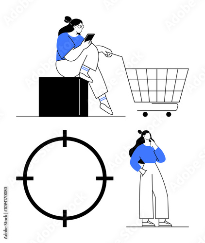 Woman using smartphone while sitting on a box with shopping cart, large focus target symbol, and thoughtful woman holding smartphone. Ideal for online shopping, customer targeting, e-commerce