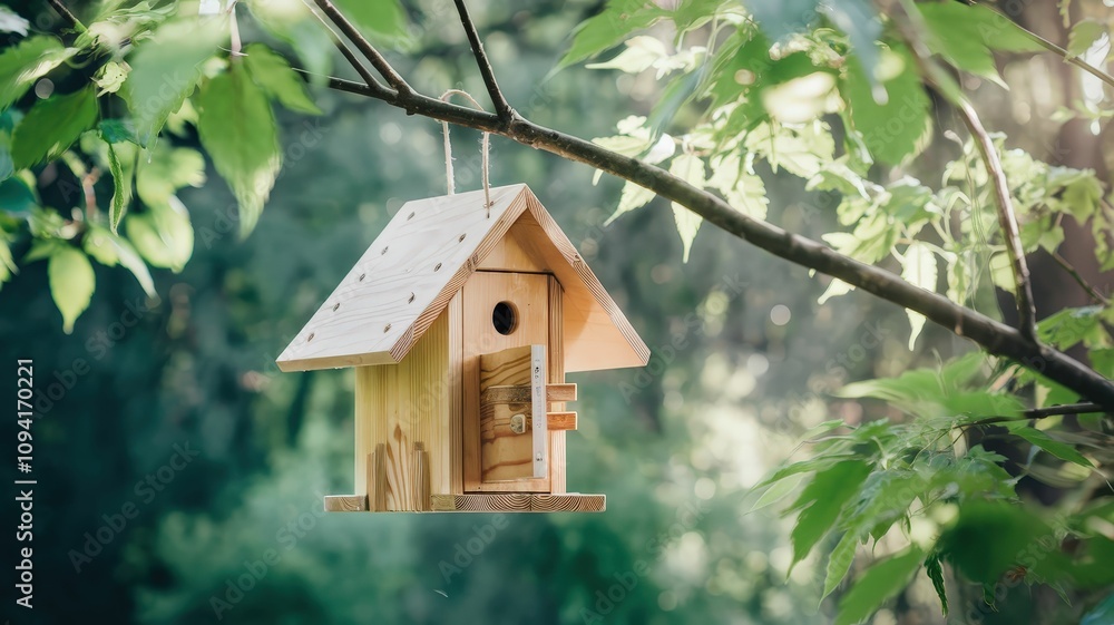A charming wooden birdhouse hangs from a tree branch, surrounded by lush green leaves, creating a serene, natural atmosphere. A charming wooden birdhouse hangs from a tree branch, surrounded by lush green leaves, creating a serene, natural atmosphere.