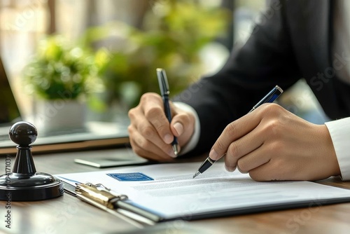 Person Signing Document with Approved Stamp in Business Office Environment photo