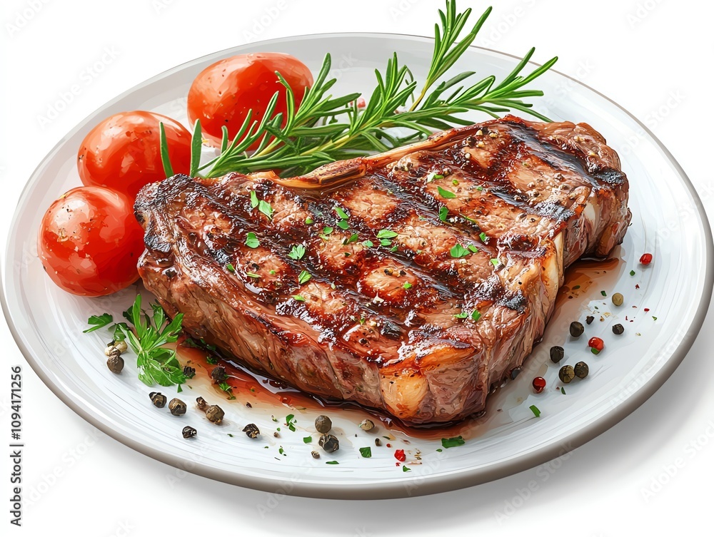 A juicy, grilled steak on a white plate with cherry tomatoes, rosemary sprigs, and peppercorns. A juicy, grilled steak on a white plate with cherry tomatoes, rosemary sprigs, and peppercorns.