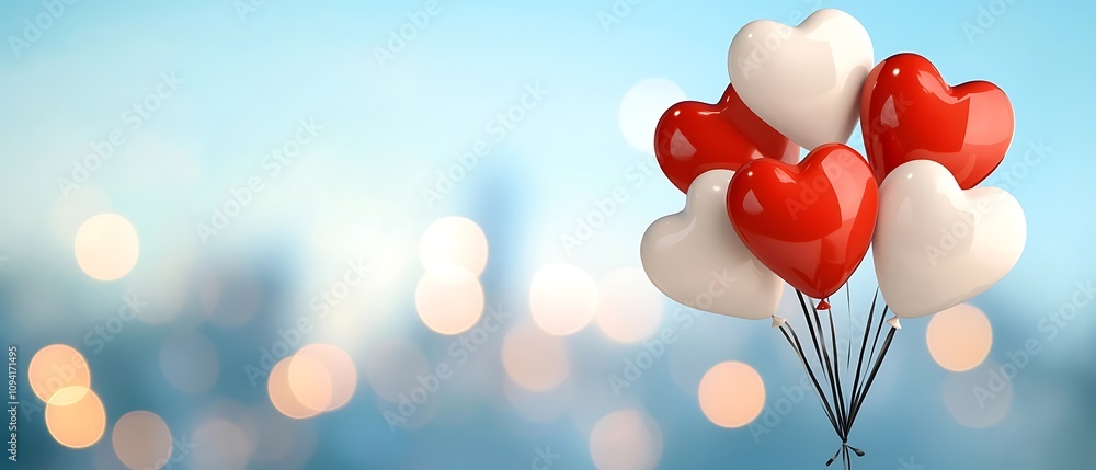 Red and white heart shaped balloons floating in the sky on a blurry background creating a romantic celebratory atmosphere for special occasions like weddings anniversaries or Valentine s Day