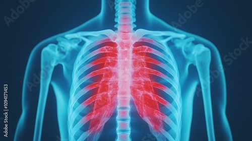 Glowing 3D Digital of Human Skeletal Anatomy with Highlighted Lungs and Respiratory System Transparent and colorful visualization of the internal body structure and medical health concept